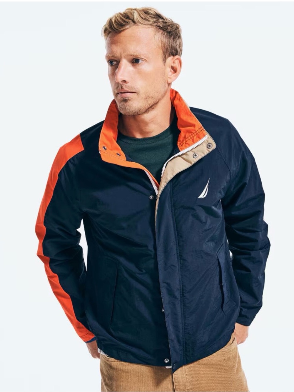 Nautica Men's Windbreaker Jacket Navy Blue Orange Color Block Size L
